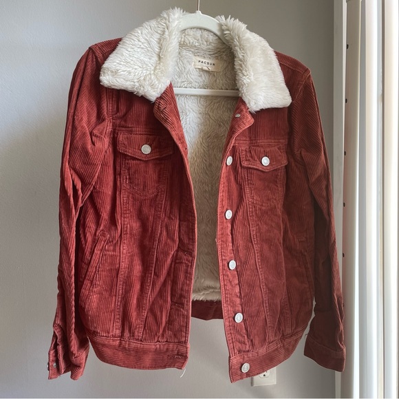 PacSun Faux Fur Collar Corduroy Oversized Jacket in Rust - Picture 6 of 14